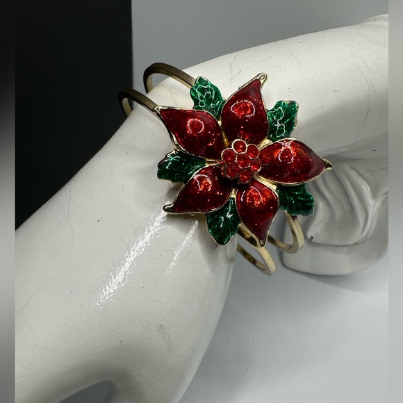 Tanya Creations Poinsettia Holiday Bracelet Sparkly Enamel Gold Tone Hinged - Picture 1 of 12